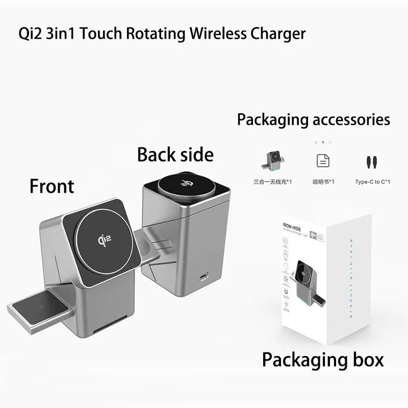 New Qi2 3 in 1 Touch Button Rotating Magnetic Wireless Charger Station for IPhone 16-12 Max & Samsung Galaxy Fast Charging Dock