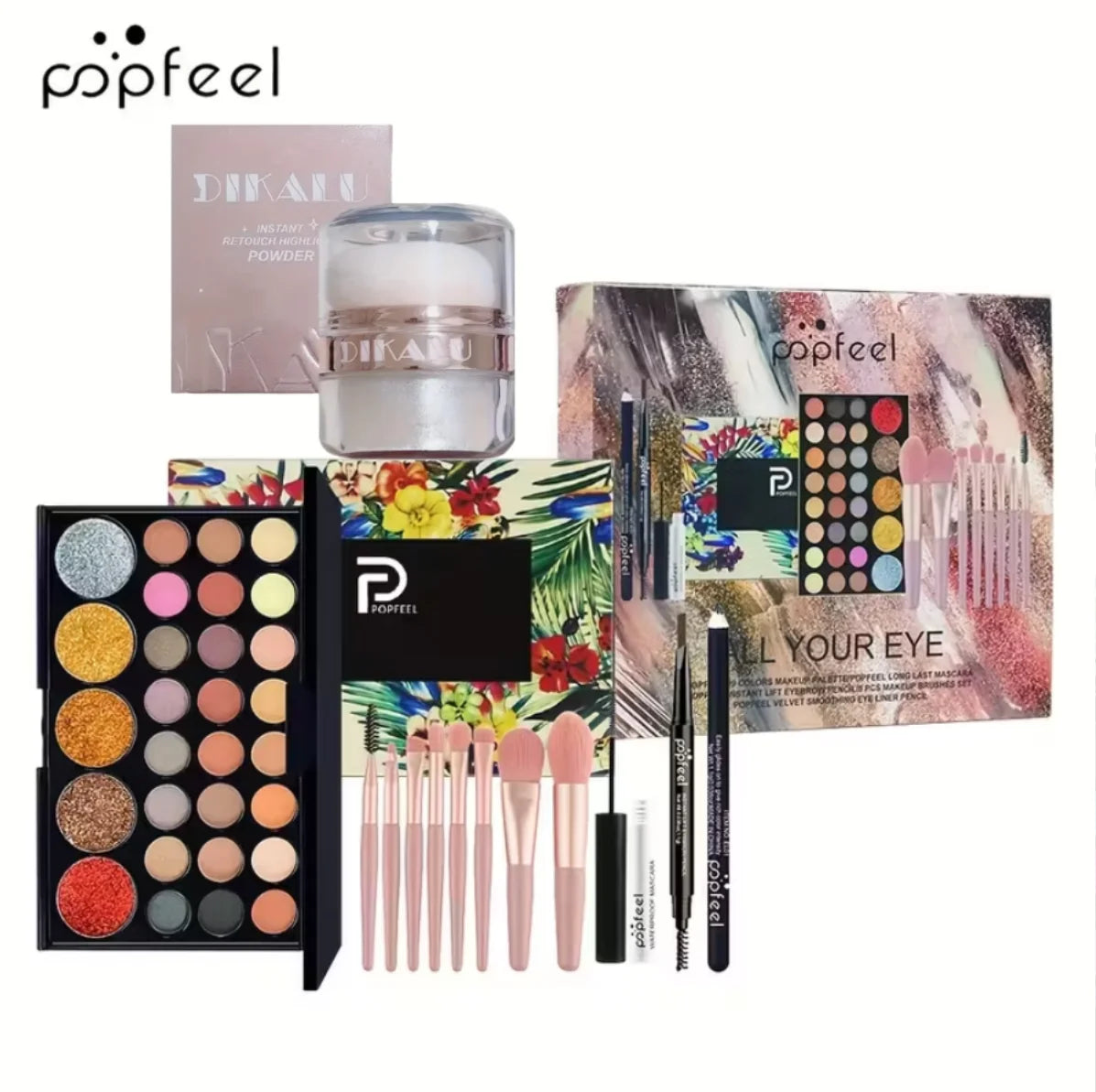 POPFEEL All-in-One Full Face Makeup Kit with Brush+Facial highlighter-Complete Beauty Set, Berry & Neutral Foundation, Blush, Ey