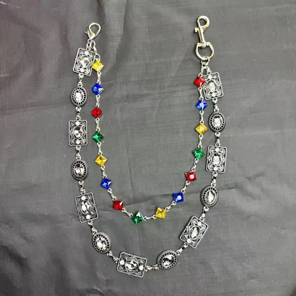 Double Layer Colorful Geometric Colorful Rhinestone Pendant Jeans Pant Chain for Women Men Fashion Belt Keychains Y2K Jewelry