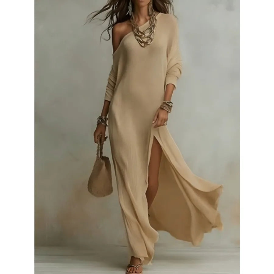 2026 European and American - Summer New Style Elegant Long-sleeved Knitted Pleated Split Women's Dress