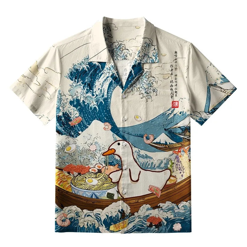 Men's Funny Goose Aloha Hawaiian Shirt Bohemian Style Short Sleeve Pocket Y2K Summer Beach Tops Chic Harajuku Buttons Tunics