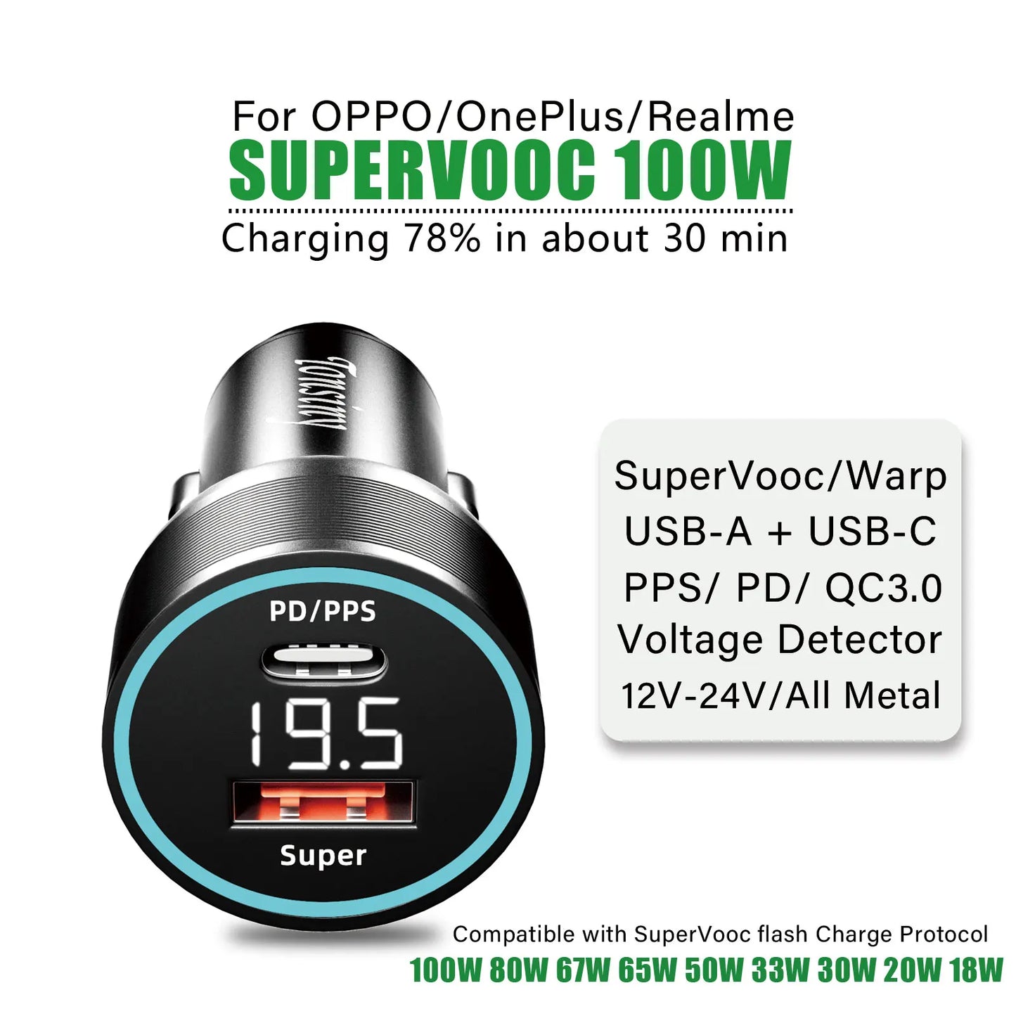 For OPPO car charger SuperVooc 100W, Cigarette Lighter plug for OPPO Find X7 Reno8,12V Usb for realme oneplus charger warp 80w