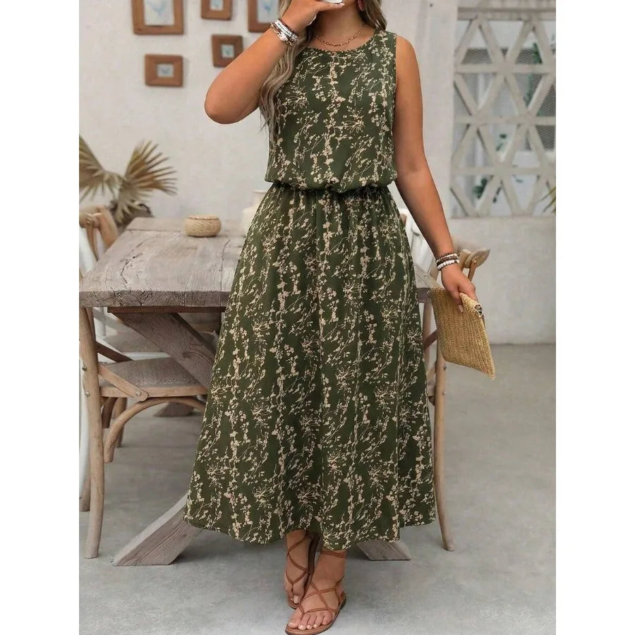 【New style】Plus Size Ditsy Floral Round Neck Casual Commuter Split Hem Dress