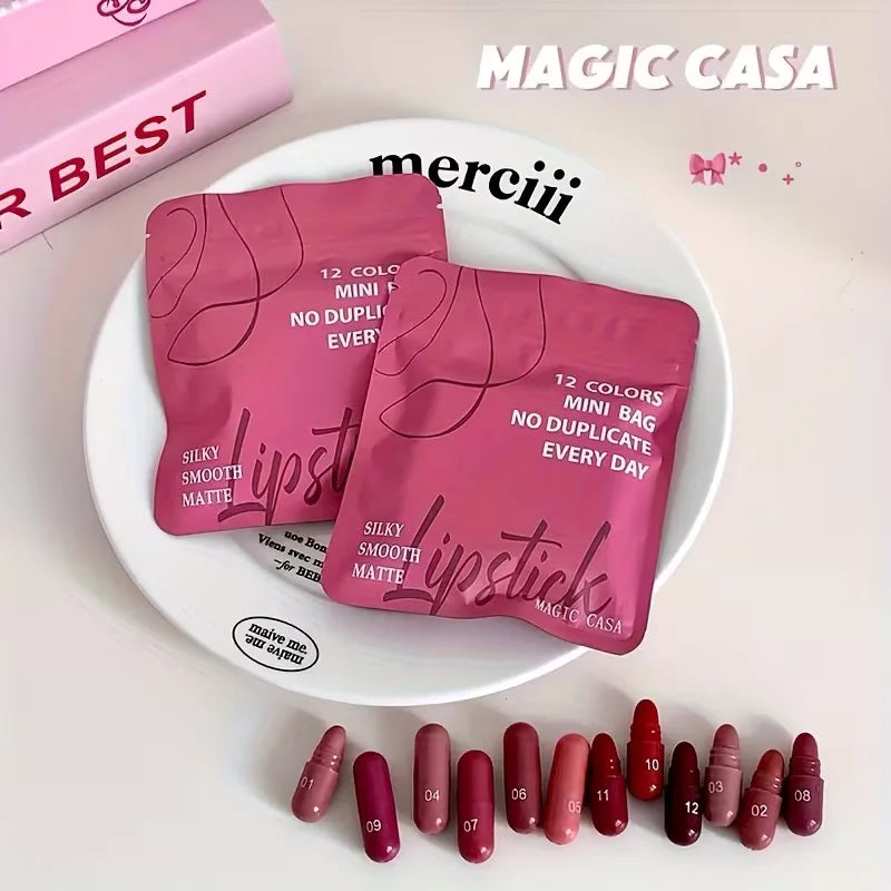 Mini Capsule Matte Lipstick Set - Smooth and delicate pink, red, and brown lipsticks, ideal for holiday makeup or as a gift.