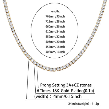 TOPGRILLZ 3MM-6MM Spring buckle Iced Out Full Cubic Zircon 1 Row Tennis Chain Necklace Gold Silver Color Hip Hop Jewelry