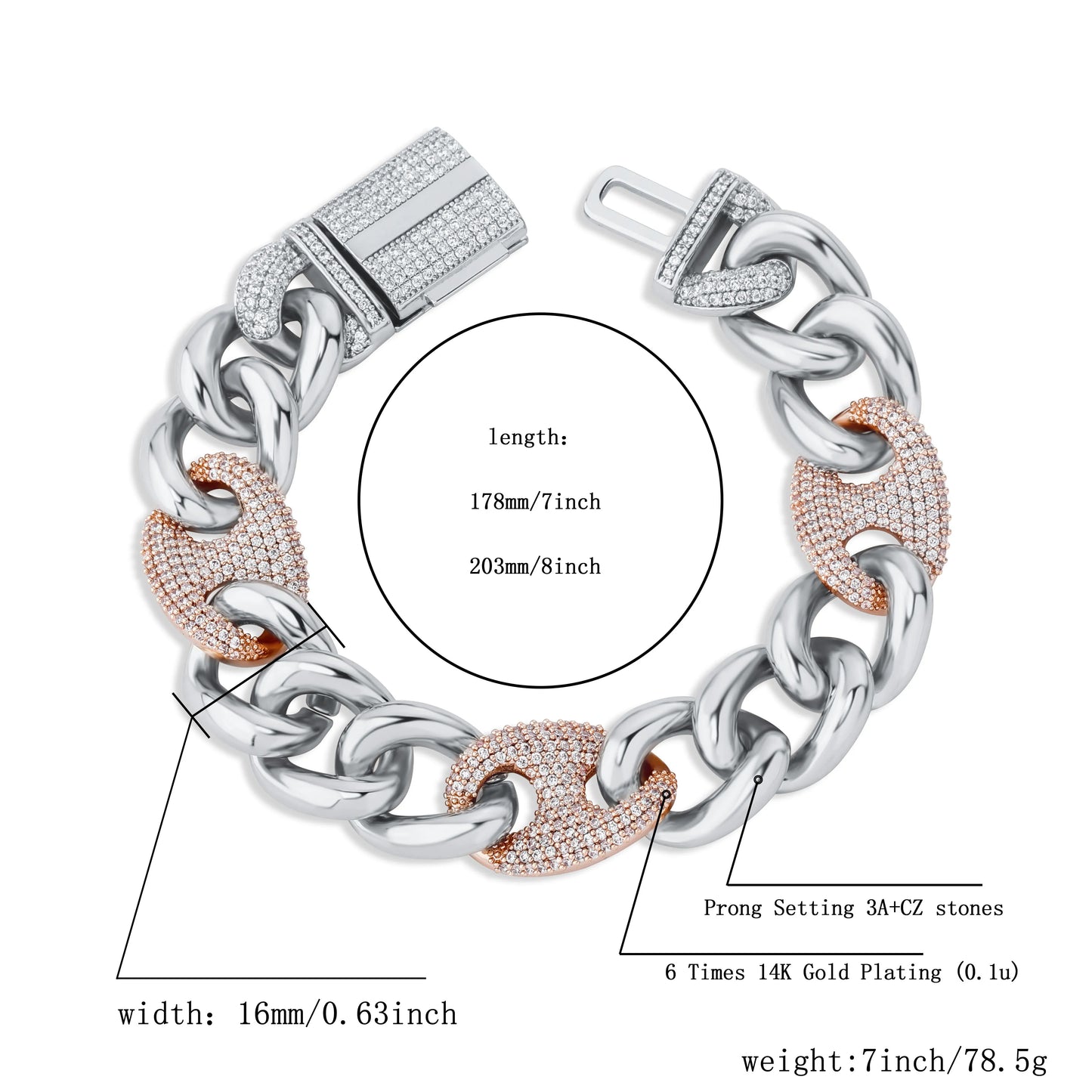 TOPGRILLZ 16mm Box Buckle Bracelet Miami Cuban Chain Iced Out Cubic Zirconia Hip Hop Fashion Jewelry