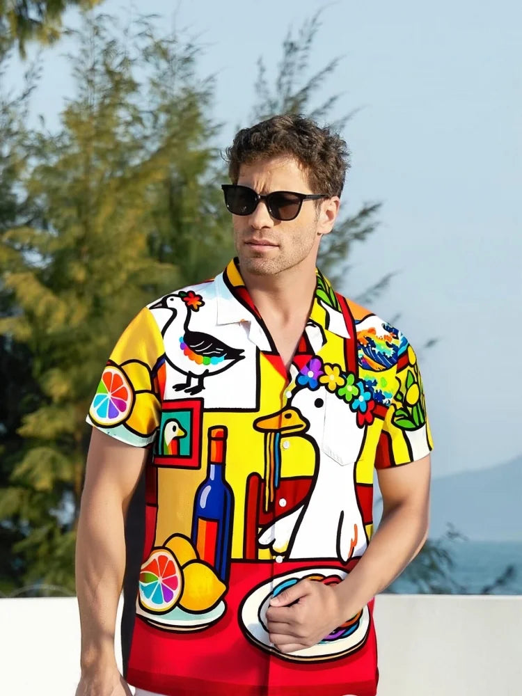 Men's Funny Goose Aloha Hawaiian Shirt Bohemian Style Short Sleeve Pocket Y2K Summer Beach Tops Chic Harajuku Buttons Tunics