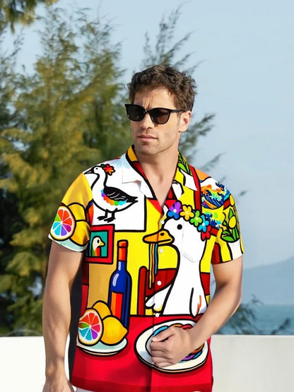 Men's Funny Goose Aloha Hawaiian Shirt Bohemian Style Short Sleeve Pocket Y2K Summer Beach Tops Chic Harajuku Buttons Tunics