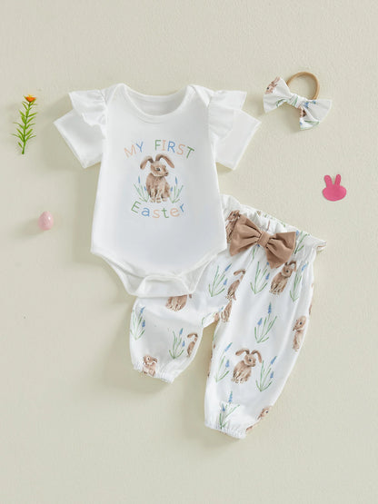 Adorable Toddler Easter Clothes Bunny Patterned Short Sleeve Romper Pants and Headband 3 Piece Set for Baby Girls