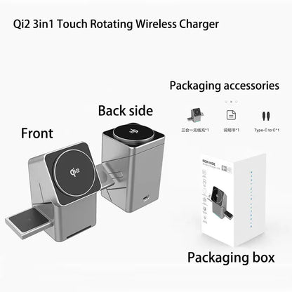 New Qi2 3 in 1 Touch Button Rotating Magnetic Wireless Charger Station for IPhone 16-12 Max & Samsung Galaxy Fast Charging Dock