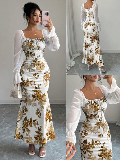 Square Neck Floral Print Chiffon Puff Sleeve Long Dress For Women