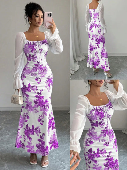 Square Neck Floral Print Chiffon Puff Sleeve Long Dress For Women