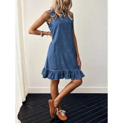 【New style】Button Back Ruffle Hem Denim Dress