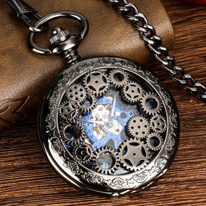 Men's Manual Mechanical Pocket Watch Hollow Design Blue Roman Numerals Vintage Pocket Watch Chain Pendant Vintage Clock