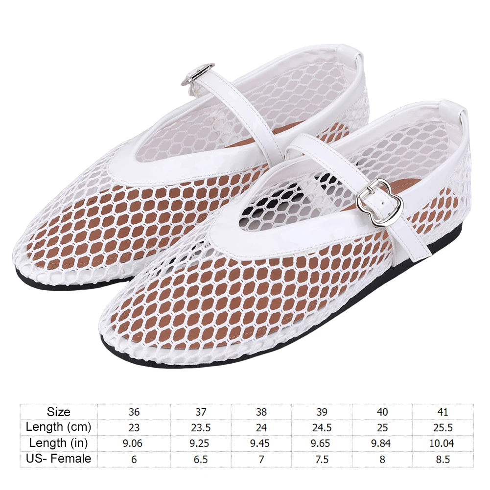 Women Mesh Ballet Flats Fishnet Ballerina Flats Breathable Slip On Ballerina Shoes Buckle Strap Daily Dress Shoes for Commuting