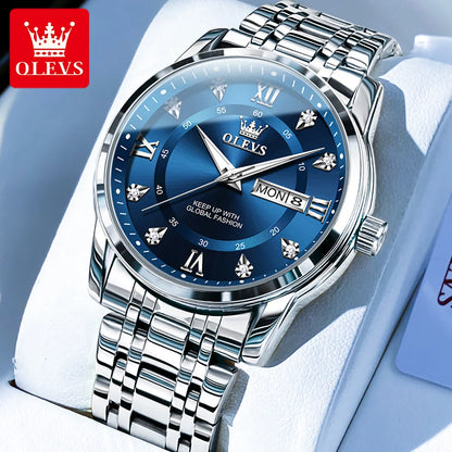 OLEVS 5513 Mens Watch Original Fashion Brand Quartz Waterproof Luminous Watch For Man Stainless Steel Dual Calendar Watch Box