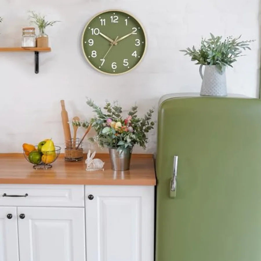Wall Clock Green, Silent Wall Clocks Battery Operated -Modern Non Ticking Analog Clock Decorative for Kitchen Office Bathroom B