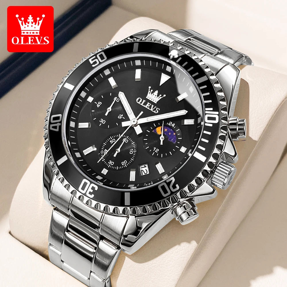 OLEVS 2870 Chronograph Quartz Business Men Watch Fashion Moon Phase Waterproof Watch For Men Stainless Steel Original Wristwatch