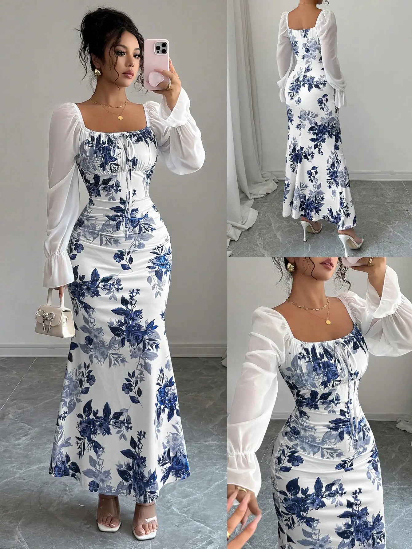 Square Neck Floral Print Chiffon Puff Sleeve Long Dress For Women
