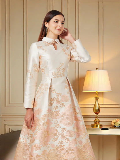 Champagne Pink Gradient Jacquard Dress with Mandarin Collar Lace-Up Waist Flared Hem — Light Luxury Banquet Gown