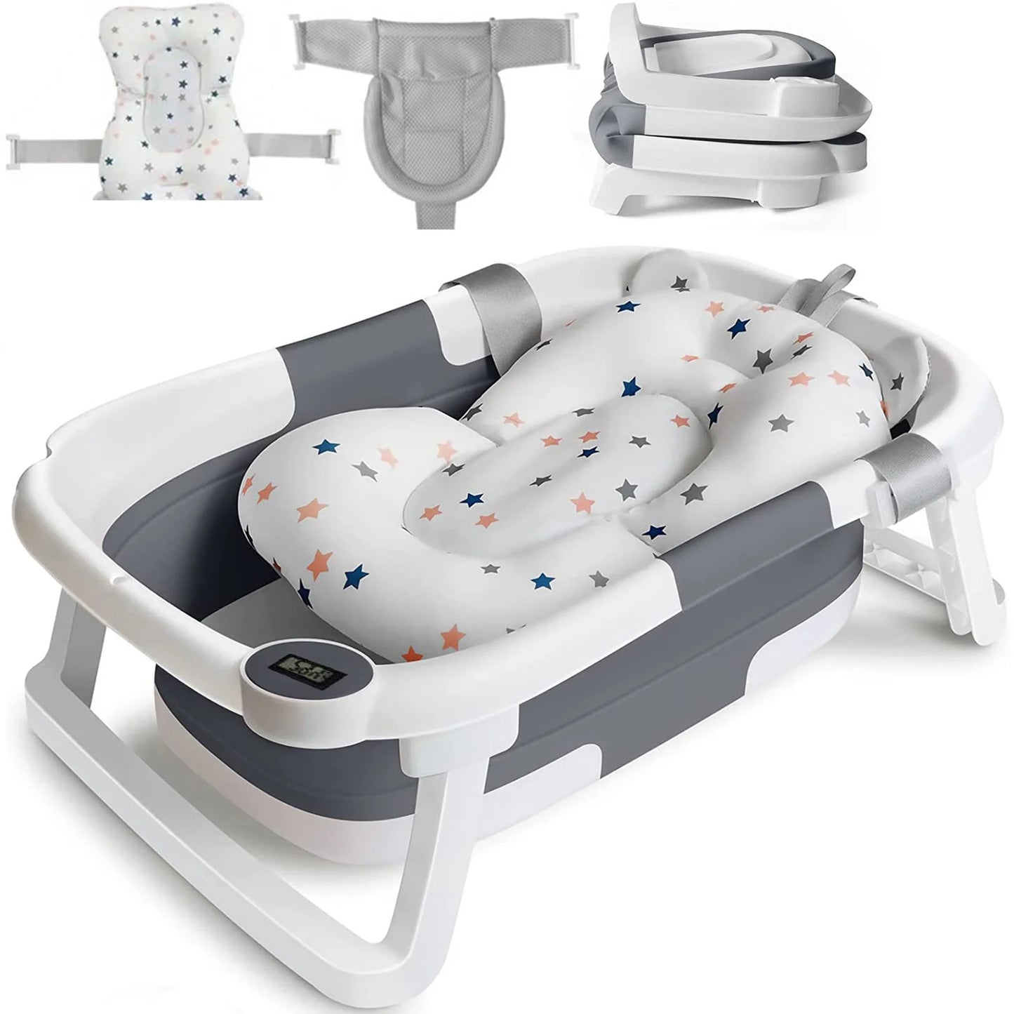 Foldable Baby Bath Tub with Bath Cushion Infant Tub with Thermometer Non-Slip Collapsible Baby Bathtub Newborn to Toddler