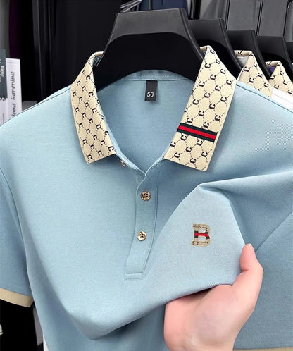 Luxury brand B letter embossed short sleeve polo shirt men summer lightweight breathable new fashion color blocked lapel T-shirt