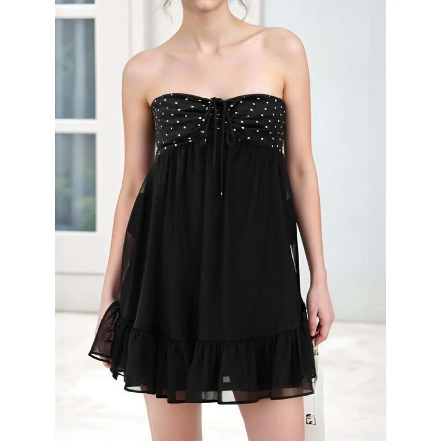 【New style】Women Off Shoulder Mini Dress Dot Print Sleeveless A-Line Short Ruffle Dresses For Daily Party Club