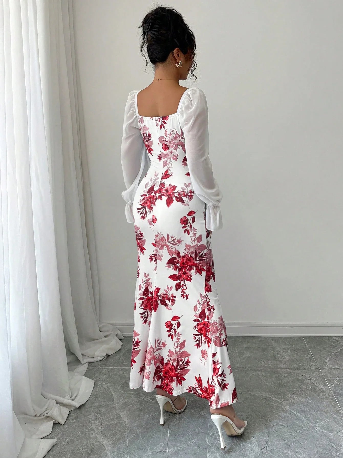 Square Neck Floral Print Chiffon Puff Sleeve Long Dress For Women