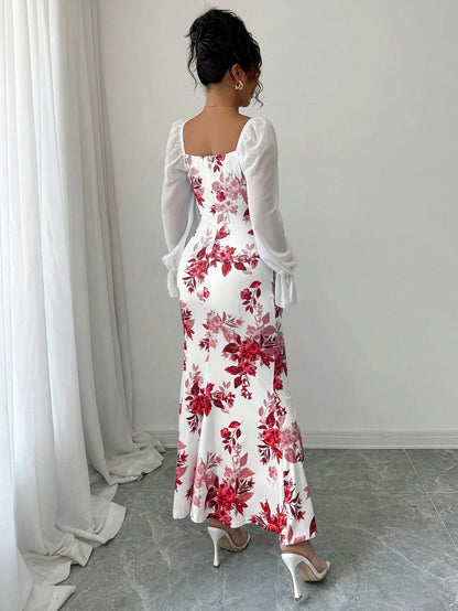 Square Neck Floral Print Chiffon Puff Sleeve Long Dress For Women