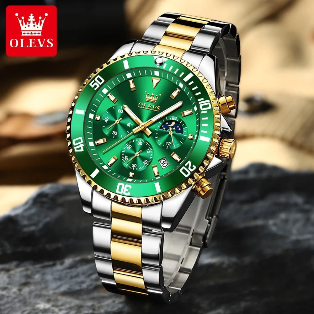 OLEVS 2870 Chronograph Quartz Business Men Watch Fashion Moon Phase Waterproof Watch For Men Stainless Steel Original Wristwatch