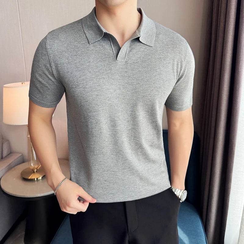 High Elasticity Knitted Men Polo Shirt Short Sleeved 2026 Summer New Ice Silk Light Thin Solid Casual Top T-shirt Men Clothing