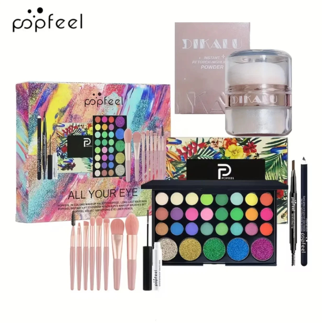 POPFEEL All-in-One Full Face Makeup Kit with Brush+Facial highlighter-Complete Beauty Set, Berry & Neutral Foundation, Blush, Ey