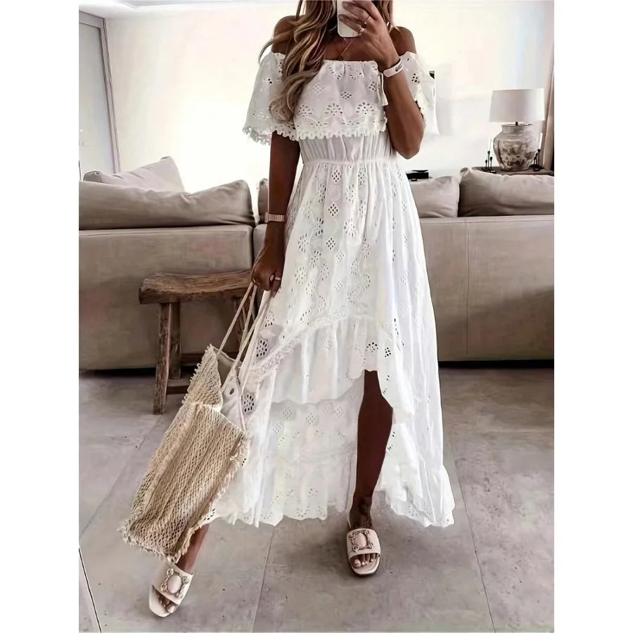 【New style】Summer Dress White Eyelet Embroidery Off Shoulder Waist Flowy Maxi Dress Fresh Vacation Style