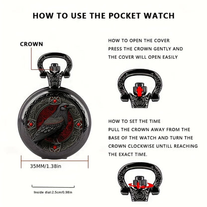Gothic Design Black Raven Pocket Watch With Necklace Alloy Case & Band,Quartz Movement, Non-Waterproof Watch for Men Women Kids
