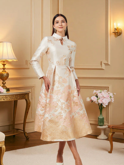 Champagne Pink Gradient Jacquard Dress with Mandarin Collar Lace-Up Waist Flared Hem — Light Luxury Banquet Gown