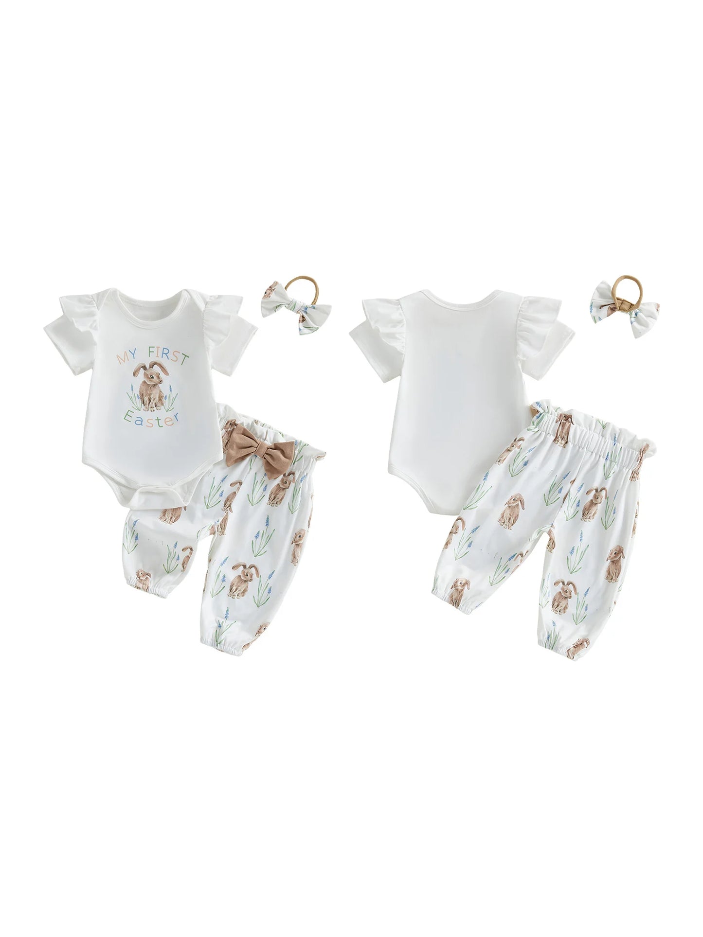 Adorable Toddler Easter Clothes Bunny Patterned Short Sleeve Romper Pants and Headband 3 Piece Set for Baby Girls