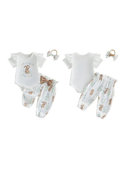 Adorable Toddler Easter Clothes Bunny Patterned Short Sleeve Romper Pants and Headband 3 Piece Set for Baby Girls