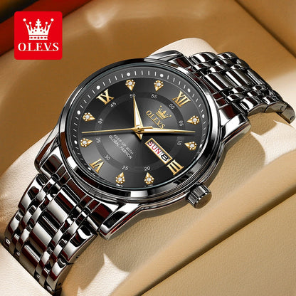 OLEVS 5513 Mens Watch Original Fashion Brand Quartz Waterproof Luminous Watch For Man Stainless Steel Dual Calendar Watch Box