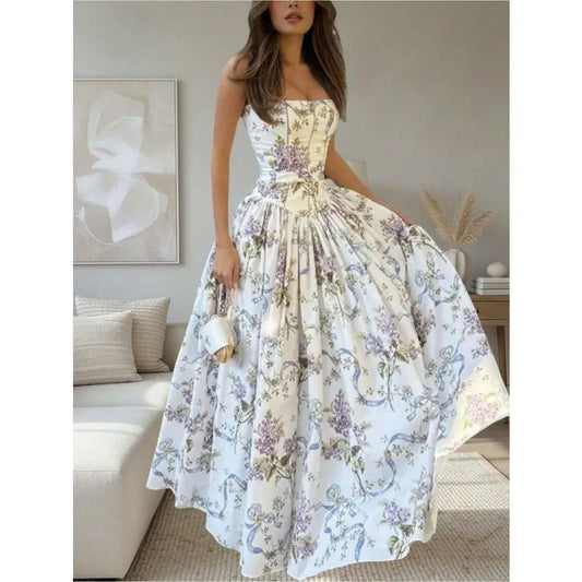 【New style】Strapless Floral Print Corset Ruched Waist A-Line Maxi Dress Elegant Formal Cocktail Evening Gown