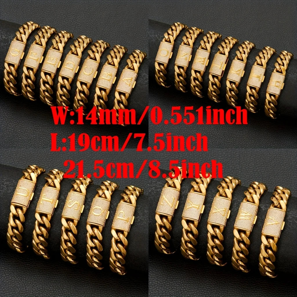 14mm Cuban Link Chain Bracelets 18K Gold Plated Stainless Steel Punk Exaggerated Big Bangle Bracelet. Letter A-Z Men'S Bracelet