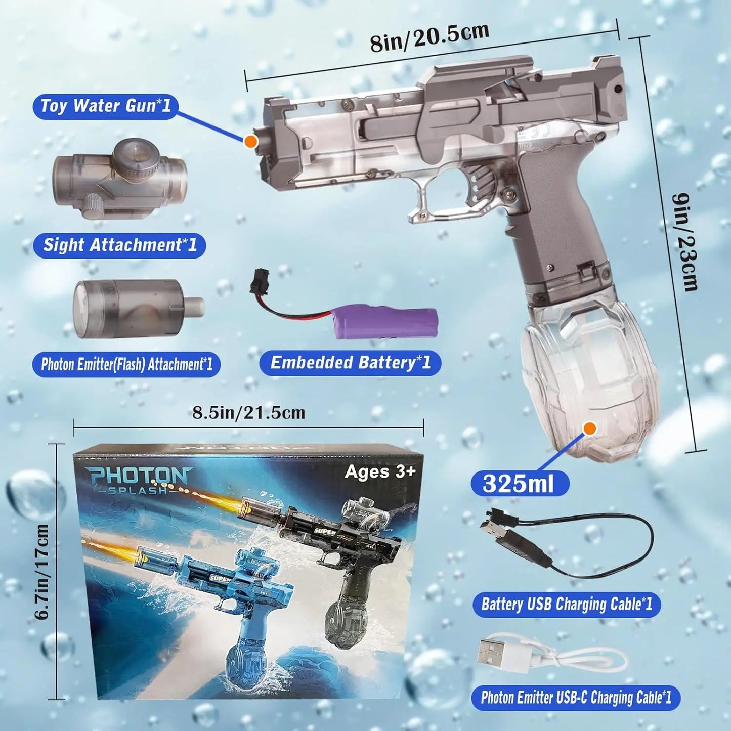 Rechargeable Electric Water Gun with LED Lights - 26ft Range, 30min Playtime, Perfect Summer Gift for Kids & Adults