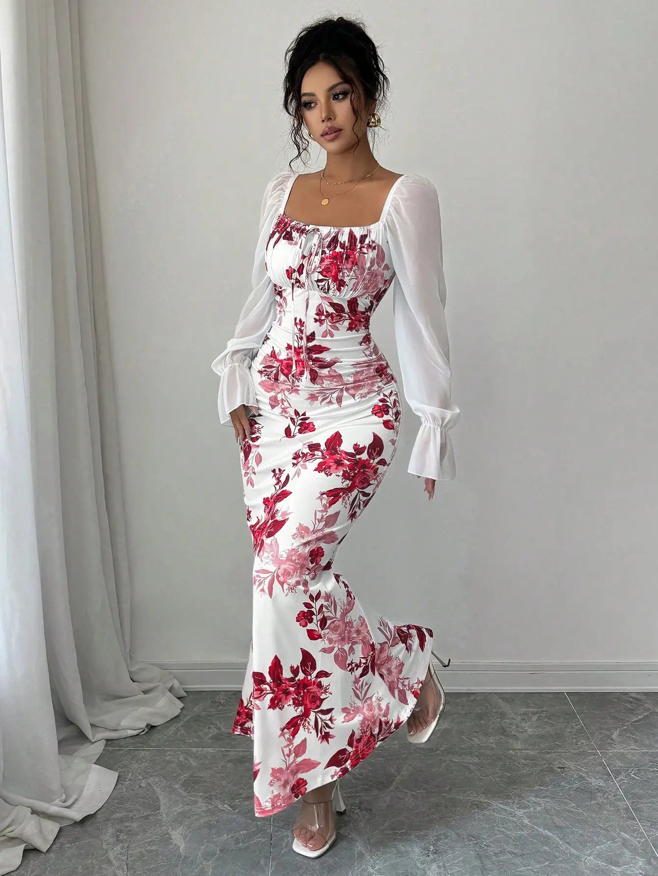 Square Neck Floral Print Chiffon Puff Sleeve Long Dress For Women
