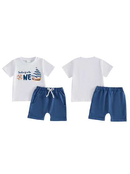 Toddler Boy 1st Birthday Set Adorable Boat Print Tee with Elastic Waist Shorts Cute Summer Outfit for Baby Boy s First
