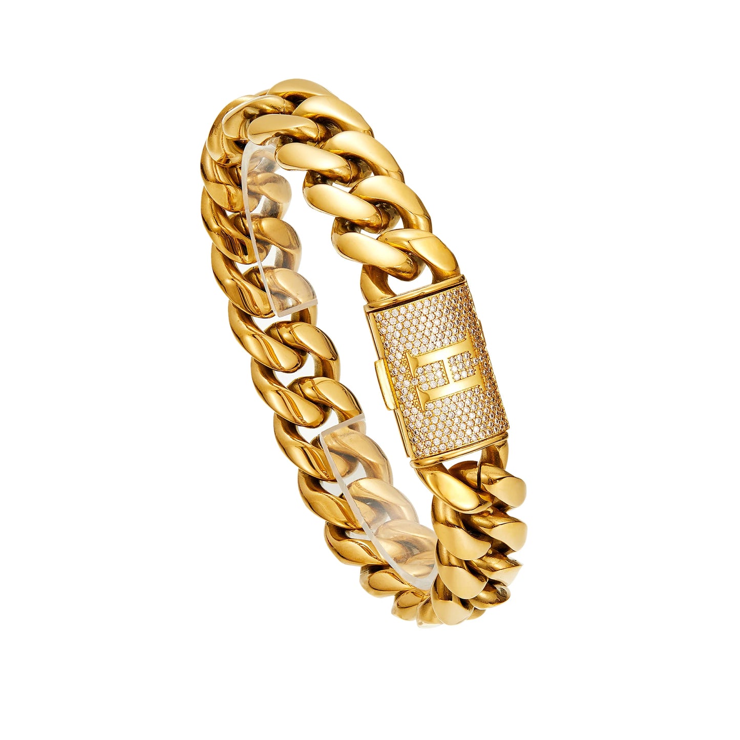 14mm Cuban Link Chain Bracelets 18K Gold Plated Stainless Steel Punk Exaggerated Big Bangle Bracelet. Letter A-Z Men'S Bracelet