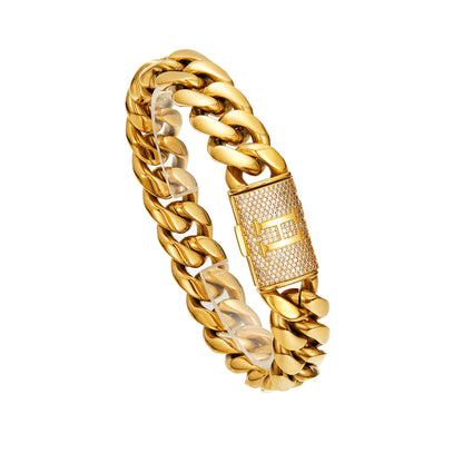 14mm Cuban Link Chain Bracelets 18K Gold Plated Stainless Steel Punk Exaggerated Big Bangle Bracelet. Letter A-Z Men'S Bracelet