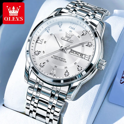 OLEVS 5513 Mens Watch Original Fashion Brand Quartz Waterproof Luminous Watch For Man Stainless Steel Dual Calendar Watch Box