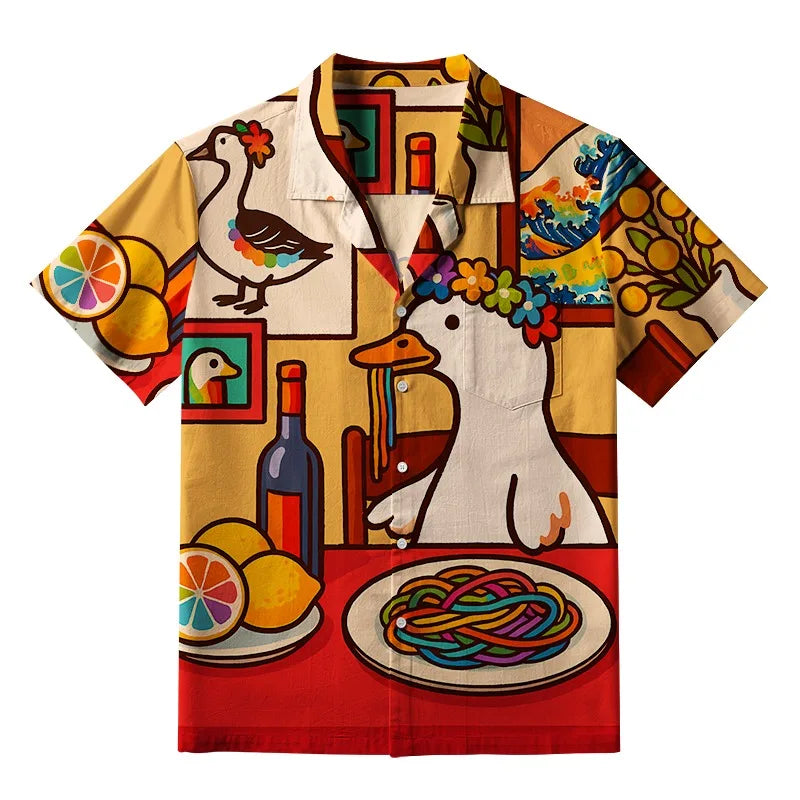 Men's Funny Goose Aloha Hawaiian Shirt Bohemian Style Short Sleeve Pocket Y2K Summer Beach Tops Chic Harajuku Buttons Tunics