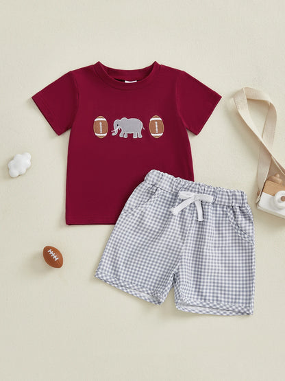 Boys Summer Outfit Set with Short Sleeve O Neck Rugby Elephant Embroidery Top and Plaid Shorts for Toddlers