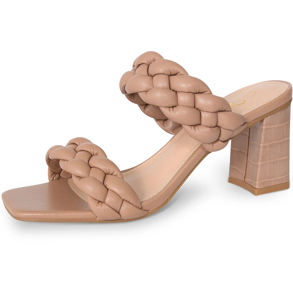 Elegant Women's Braided Heels Sandalias Fashion Strappy Square Sandals Open Toe Backless Mules Slip On Block Heeled Shoes