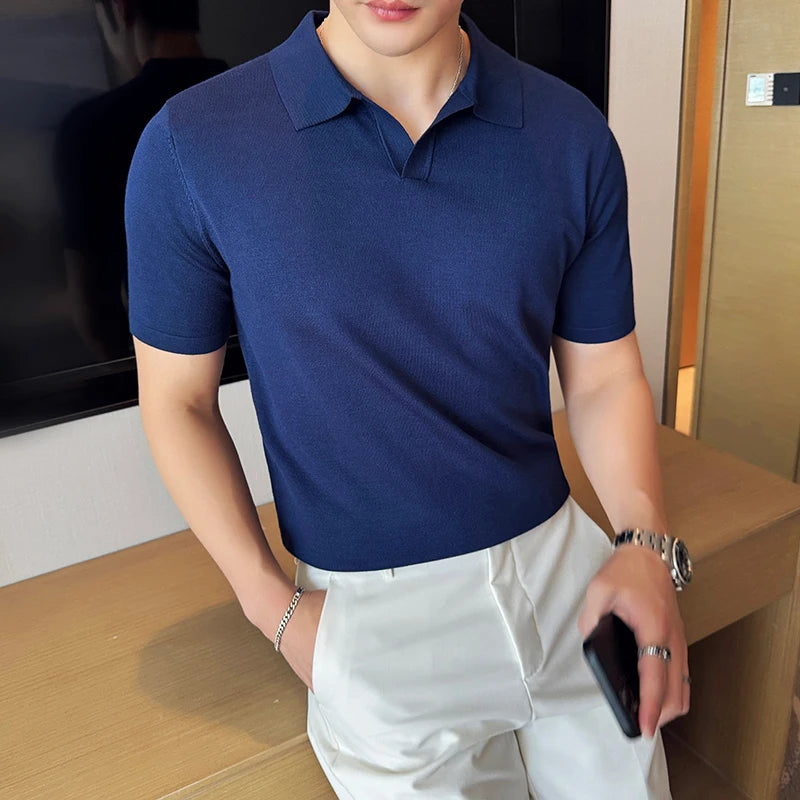 High Elasticity Knitted Men Polo Shirt Short Sleeved 2026 Summer New Ice Silk Light Thin Solid Casual Top T-shirt Men Clothing